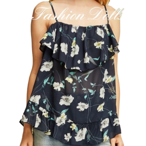 ENTRO navy blue floral, ruffled, chiffon sleeveless blouse women size small NWT - Picture 1 of 10
